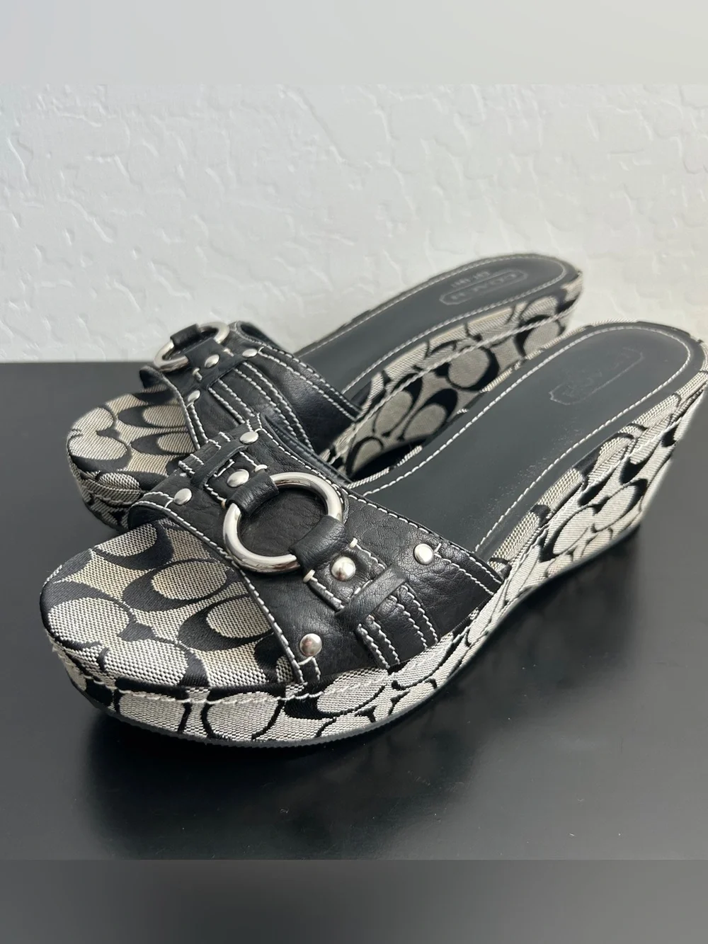 Y2K Coach Janeesa Wedge Sandals with Signature C Pattern and Silver Hardware